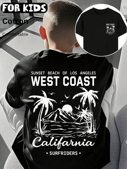Camiseta com estampa gráfica dupla face, silhueta branca, paisagem da Califórnia, primavera e verão, meninos/meninas, mesmo estilo, algodão puro, canelado, estilo universitário, esportivo, macio e respirável, roupa infantil, blusa de manga curta