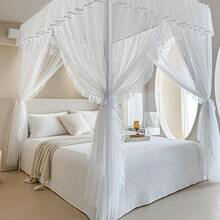 AIKASY 4 Corners Post Ruffle Princess Bed Canopy Curtain Double Layer Cozy Drape Netting With 4 Openings Elegant Mosquito Net For Girls And Adults Bedroom Decoration White Queen - 白色 - 查看 3