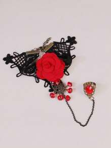 1 Stück Damen Gothic Dunkel Stil Halloween Europäisch und Amerikanisch Retro Spitze Rote Rose Finger Armband