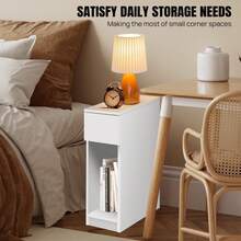 AutoFu Narrow Side Table, Bedside Table With Drawer Storage Shelves Magazine Rack End Table, Corner Narrow Table End Table Slim Side Table For Living Room,Bedroom,20 X 34 X 60 Cm, White - White - View 8