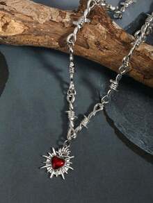 哥特式心形吊坠项链，朋克摇滚铁丝网刺链项链，男女皆宜 - 銀色 - 查看 3