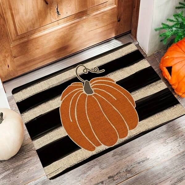 1 pezzo Zerbino in flanella premium a tema zucca - Disegno a righe acquerellato, antiscivolo e lavabile in lavatrice, perfetto per l'autunno, il Ringraziamento e la decorazione di Ognissanti, per uso interno/esterno. Tappeto in velluto cristallino morbido, disponibile in più misure [Tappetino da bagno] [Tappetino da bagno] [Tappetini da bagno] Decorazioni autunnali/Decorazioni del Ringraziamento/Decorazioni di Ognissanti per bagno e cucina