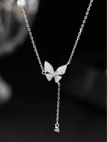 1 件时尚女士铜锆石双层蝴蝶项链 - 銀色 - 查看 3