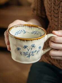 1pc Vintage Floral Mug - Elegant Beige, Brown And Blue Floral Design - Scratch-Resistant Durable Ceramic Coffee Cup - Dishwasher Friendly - Office, Home, Party Drinkware - Birthday, Christmas, Wedding Gift - Antique Style Tableware, Classic Beverage Container, Durable Office Supplies