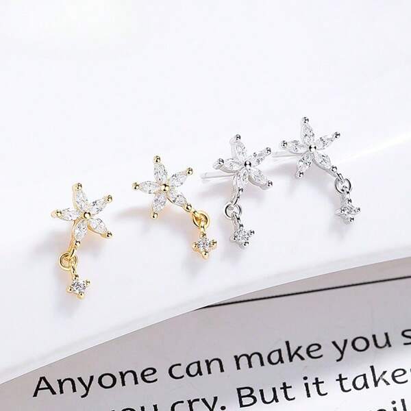 1 Pair S925 Sterling Silver 5-Petal Flower Stud Earrings, Zirconia Stone, Hypoallergenic, Unique Jewelry Gift For Women, Suitable For Valentine's Day, Birthday