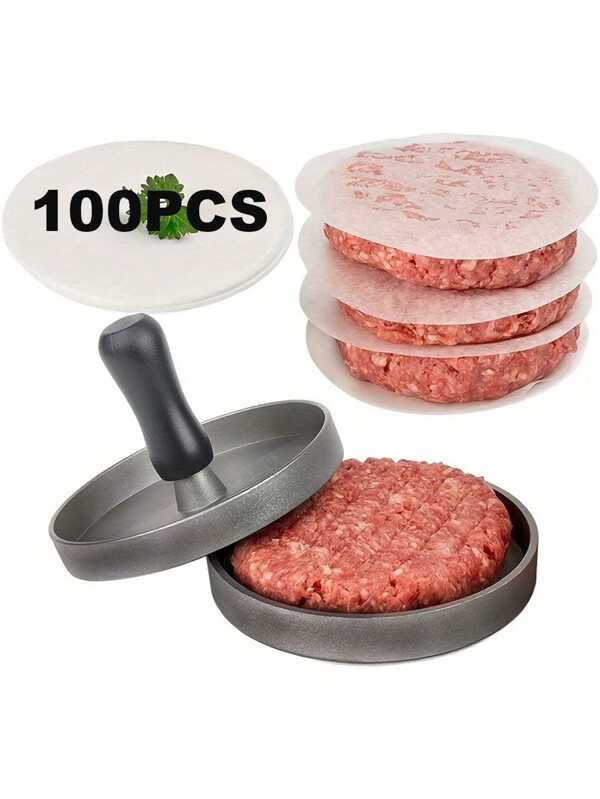 1 set Moule à hamburger et à steak en acier inoxydable avec manche en bois, antiadhésif - inclut 100 pièces de papier sulfurisé