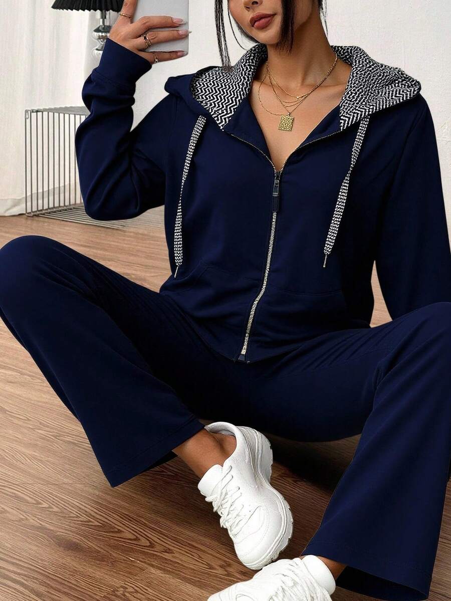 Conjunto  Compuesto Por Sudadera Con Capucha Y Cierre Y Pantalones Deportivo - Azul Marino - Ver 1