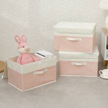 1pc Foldable Linen CD Storage Box, Collapsible Storage Bin With Lid, Toy Organizer Basket, Laundry Hamper - Rusty Rose - View 3
