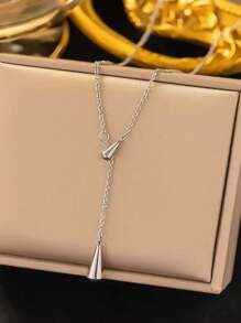 1pc Stainless Steel Minimalist Design Double Water Drop Tassel Adjustable Necklace, Elegant For Daily Wear