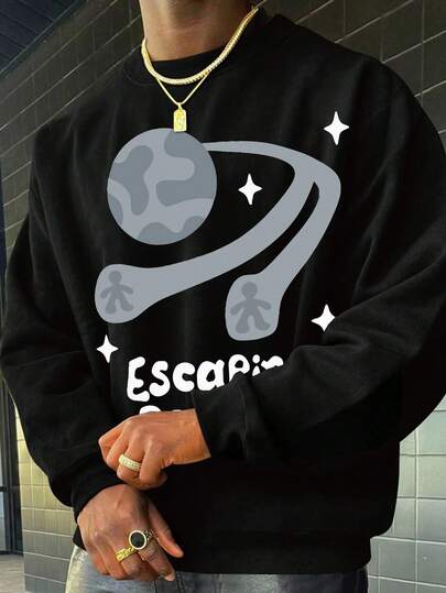 Plus Size Men's Casual Round Neck Long Sleeve Sweatshirt, Graphic Print, Urban Street Style, Suitable For Leisure, Sports, Weekends, Spring, Summer, Autumn, Winter