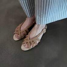 Women's Braided Open Toe Sandals Baotou Design Flat Casual Shoes Chinoiserie Vintage Beach - Apricot - View 1