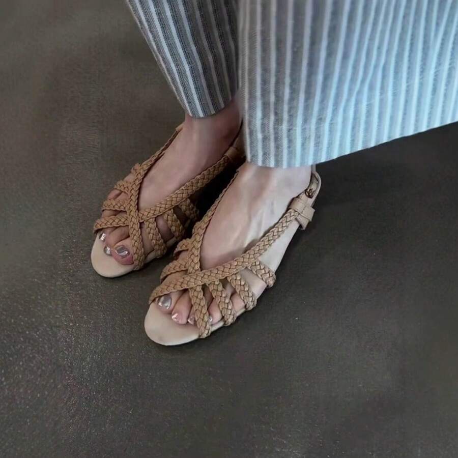 Women's Braided Open Toe Sandals Baotou Design Flat Casual Shoes Chinoiserie Vintage Beach - Apricot - View 1