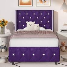 Twin/ Full/ Queen/ King Size Bed Frame, Upholstered Bed Frame With Diamond Headboard And Footboard, No Box Spring Needed With Wood Slat Support, Easy Assembly, Twin Bed Frame/  Full Bed Frame/ King Bed Frame, Black/ Pink/ White/ Purple/ Blue/ Green - 紫色 - 查看 6