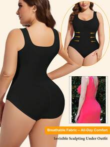 Women's Sculpting Shapewear Bodysuit Tummy Control Compression Waist Trainer Full Body Shaper Butt Lifter Wide Strap Tank Tops  Snatched Waist Square Neck Slimming Jumpsuit Plus Size - 黑色 - 查看 3