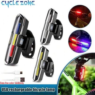 Cycle Zone 1 件 USB 可充电自行车尾灯，LED 警示灯带红、白、蓝 COB 灯，3 种颜色适合夜间骑行，山地自行车指示灯，闪光灯