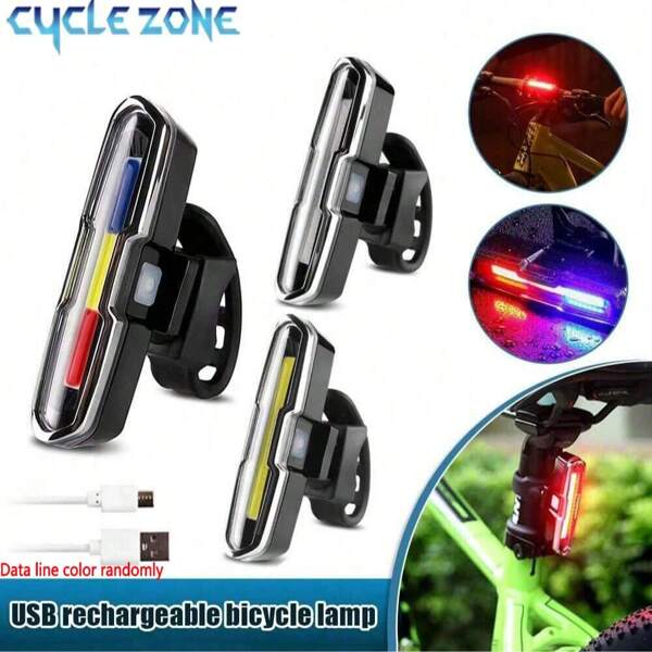 Cycle Zone 1pc USB Rechargeable Bicycle Tail Light, LED Warning Light With Red, White And Blue COB Lights, 3 Colors For Night Riding, Mountain Bike Indicator Light, Flashing Safety Light