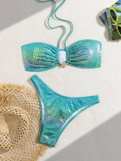 Fashionable New Special Glossy Fabric With Patterned Sexy Bikini Women's Two Pieces Set With Cute Little Star Accessories, Personalized Beach Party Swimsuit