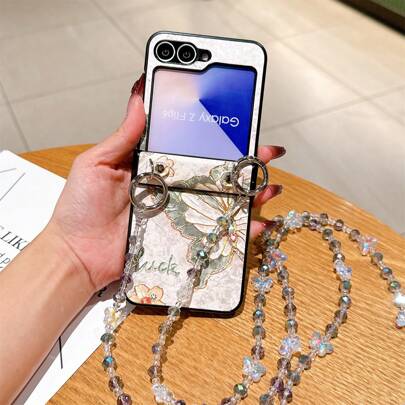 Custodia pieghevole per telefono con stile foil e motivo a farfalla, con tracolla a croce con perline a forma di farfalla, compatibile con Samsung Galaxy Z Flip5/FLIP4/FLIP5/FLIP6