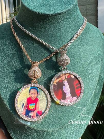 Customized Round Photo Frame With Engraved Text, Solid Mini Circle Frame, Men's Hip-Hop Cute Pendant Necklace