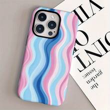 Protector de pantalla dos en uno moderno. Película con rayas onduladas rosas y azules - Diseño de doble capa, excelente, resistente a caídas - Compatible con los modelos 16, 15, 14, 13, 12, 11, 8, X, XS, XR, Plus, Pro, SE2, SE3. Ideal para cumpleaños y bodas. - Colores mixtos 1 - Ver 1