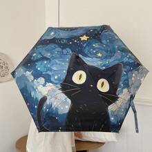Foldable Umbrella With Cute Starry Sky Cat Design, Dual Use Rainy & Sunny Umbrella, Painting Cat Pattern, Portable, Sunproof, Compact & Fashionable, Suitable For Outdoor