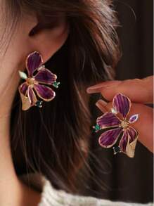 1 par de pendientes de pintura al óleo floral púrpura vintage, pendientes elegantes de lujo de alta gama para mujeres