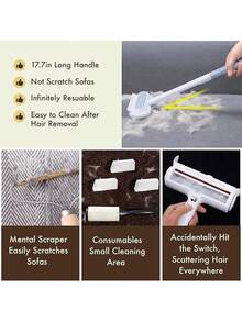 [4 en 1] Outil d'élimination des poils d'animaux de compagnie, nettoyeur de peluches pour les poils de chien et de chat, efficace en douceur sur les meubles, les tapis, les vêtements, la literie, éliminateur de poils de chat/chien avec manche extra long et brosse multifonctionnelle, réutilisable et lavable