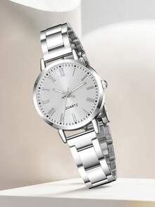 1 pieza Reloj de cuarzo con escala de números romanos, sencillo y elegante, con correa plateada para mujer, adecuado para uso diario, decoración o regalo de vacaciones