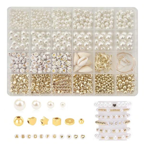 1 Set Mode-Set mit Kunstperlen, minimalistisches Schmuckherstellungs-Werkzeug-Kit, beinhaltet vergoldete Abstandsperle, Buchstaben, Herz- und Muschelanhänger, Armband- & Ohrring-Finishs, 4 Größen ABS-Rundperlen mit Löchern für Schmuck-DIY, Vasenfüller, Heimdekoration, elegantes Weihnachtsfeier-Geschenk