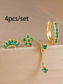 4 Pairs Exquisite Cubic Zirconia Flower Stud Earrings Set Fashion Stack Earring Ear Piercing Jewelry For Women Party, Daily Wear - LM-flower Earrings Set - View 13