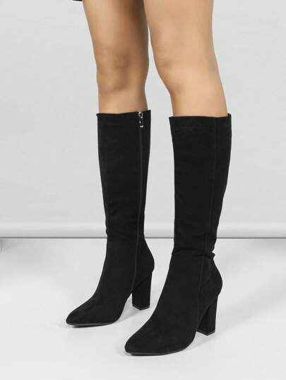 Women's Black Side Zipper Chunky Heel Over-The-Knee Boots, Retro European And American Style, Durable And Fashionable Pointed Toe Boots For Autumn/Winter, High Comfort And Stylish, Suitable For Various Occasions,Party