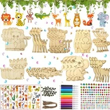 300pcs Animal Woodworking Kit, Animal Theme - Includes 27 Unfinished Animal Woods, 202 Gems, 12 Watercolor Pens And 2 Stickers, 30 Cartoon Eyes, 27 Hemp Ropes, DIY Handmade Kit, All Season Woodworking Material Kit, Suitable For DIY Handmade - Multicolor - View 7