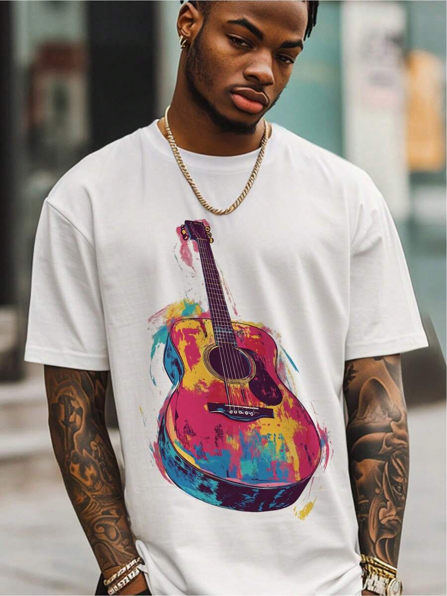 Front Colored Guitar Art Pattern Print Round Collar Short Sleeve T-Shirt Top Comfort Breathable Fabric Leisure Sports Style Men 100% Cotton Street Wear T-Shirt (Choose A Larger Size To Get A Loose Effect) - 白色 - 查看 1