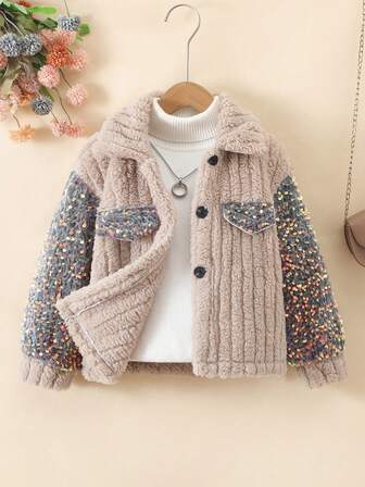 Chaqueta de punto con cuello vuelto, manga larga, botones y bordados de cuentas, de tela suave y acolchada con diseño de patchwork, para niñas, para otoño/invierno