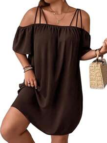 大码女式纯色镂空扭纹前开襟宽松露肩度假连衣裙