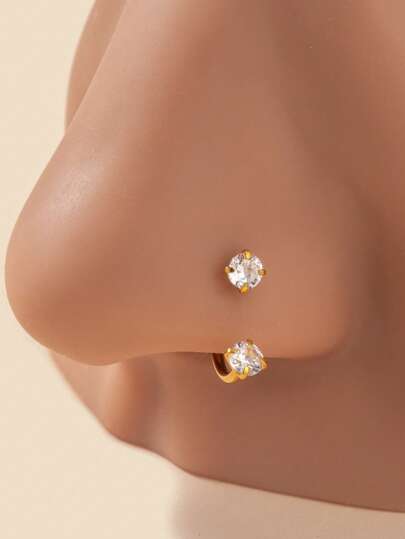 1 Stück modischer goldener Nasenring, besetzt mit glänzenden herzförmigen kubischen Zirkoniasteinen - doppelköpfiges C-förmiges Ohrringe Design - Nasenakzessoire mit geringer Allergie für Frauen, elegant
