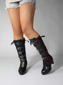 Botas altas de tacón grueso góticas y punk para mujer, para boda, novia, fiesta, Halloween, con cremallera trasera, hebilla, encaje, tacón de bloque, cordones, tacones altos rojos