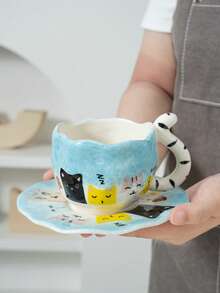 1 Set Creative Cute Cat Tail Handle Handpainted Cat Ceramic Coffee Cup & Saucer - Multicolor - View 5