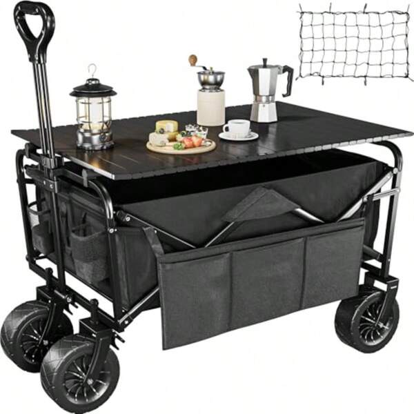 Collapsible Folding Wagon W Table Plate Heavy Duty Utility Beach Wagon Cart Adjable Handle Height Foldable Grocery Wagon Outdoor Beach Wagon For Camping Shopping Sports Garden Black