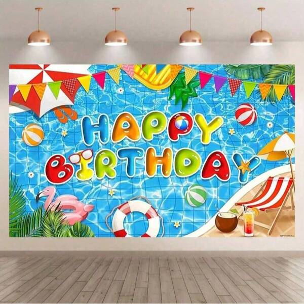 Polyester Foto Hintergrund für Sommer Pool Geburtstags Party, Glücklicher Geburtstags Banner mit Flamingo & Strand Elementen, waschbar & bügelfest, hochauflösender Druck, Fotografie Hintergrund mit Ösen & matter Reißverschlusstüte