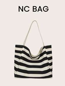 休闲大容量手提包韩版时尚条纹帆布包2025夏季单肩包妈咪包购物袋