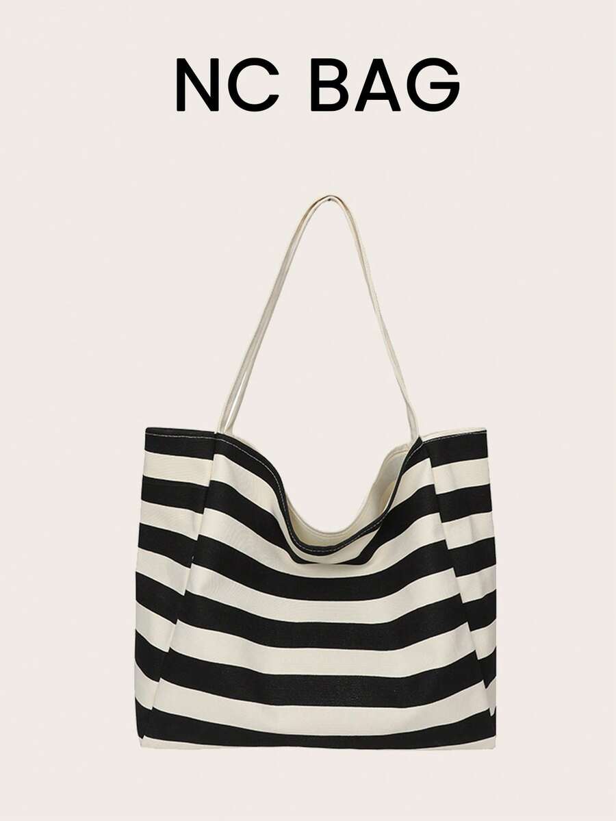 休闲大容量手提包韩版时尚条纹帆布包2025夏季单肩包妈咪包购物袋