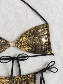 Women's Shimmering Gold Halter Bikini Set Knot Front Backless Top And Tie Side Thong Bottom High Stretch Swimwear - Gold - View 4