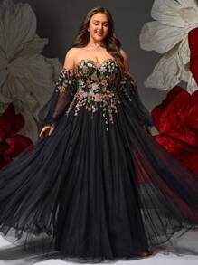VIPGIRL Black Floral Embroidered Off Shoulder Ball Gown With Detachable Sleeves, Tulle Plus Size Formal Dress For Prom, Gala, Wedding Guest,Evening Dress Women Dresses,Evening Gowns Formal Plus