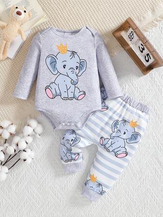 秋冬季婴儿服装，可爱卡通大象印花长袖连体衣和裤子套装，舒适时尚的男宝宝服装，适合日常穿着或户外玩耍