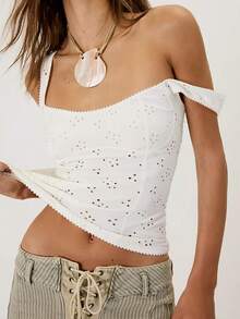 Women Summer Crop Tank Tops Y2k Eyelet Floral Square Neck Backless Vest Top Slim Fitted T Shirt Going Out Tops Tight Lace Up Camisole Beach Vacation Tops Streetwear Aesthetic Clothes - trắng - Xem 4
