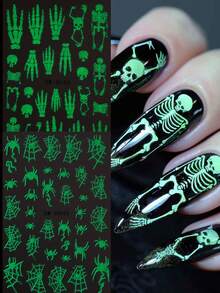 2pcs Halloween Skeleton Hand Nail Art Stickers, Glow-In-The-Dark 3D Spider & Spider Web Slider Nail Decorations DIY, Suitable For Holiday Design - Blue - View 2