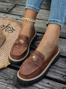 Women's Retro British Style Brown Penny Loafers, Thick Sole Slip-On Flats, Casual Oxfords Suitable For Office, Campus, And Formal Occasions, Fashion Classic Lace-Up Shoes For Spring/Autumn