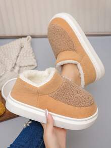 冬季新款高帮杏色仿毛拼接杏色毛绒拖鞋，户外日常保暖全跟家居拖鞋，尺码36-45，女士黑色室内拖鞋 - 杏色羊羔絨拼杏色 - 查看 2