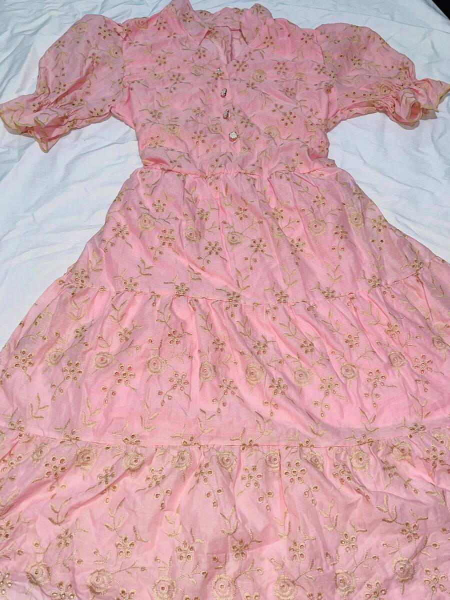 Women's Midi Dress With Embroidered Laise, All-Over Print, Embroidery, Button, Ruffle, Gathered, Formal And Evening - Bicolor Bb Pink - View 1